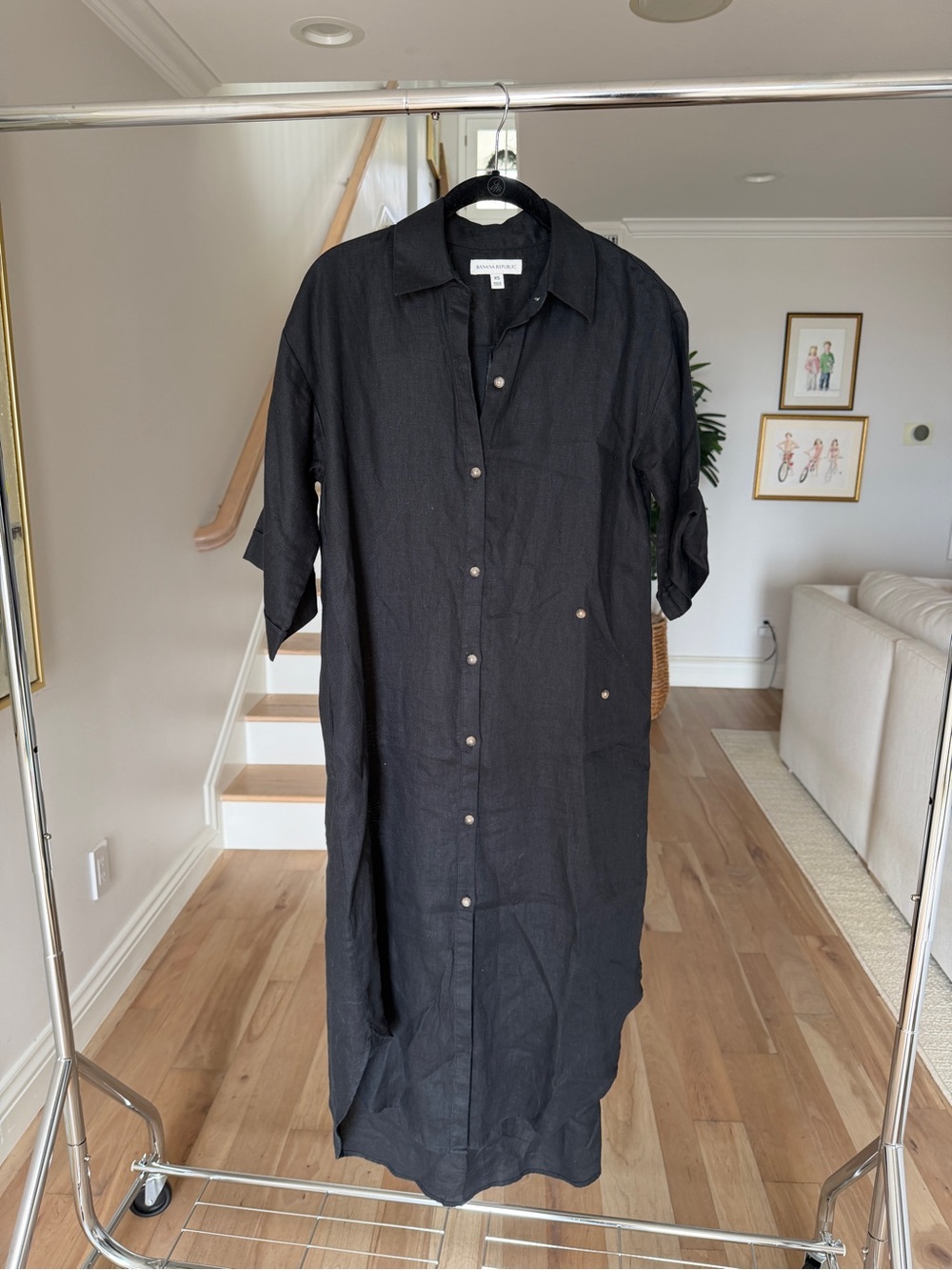 Banana Republic Black Linen Asymmetrical Shirt Dress Size XS
